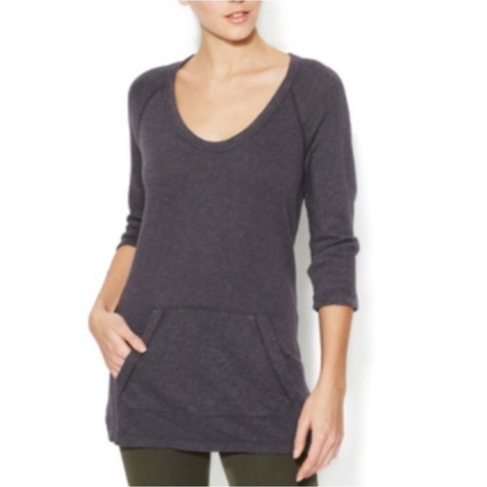 James Perse Charcoal Grey 3/4 Sleeve Lagenlook Tunic Kangaroo Pocket Sz 1(Small)